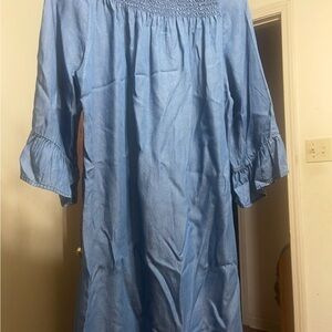 New Directions Blue Denim Dress size PM. Smocking at neckline and 3/4 sleeves.